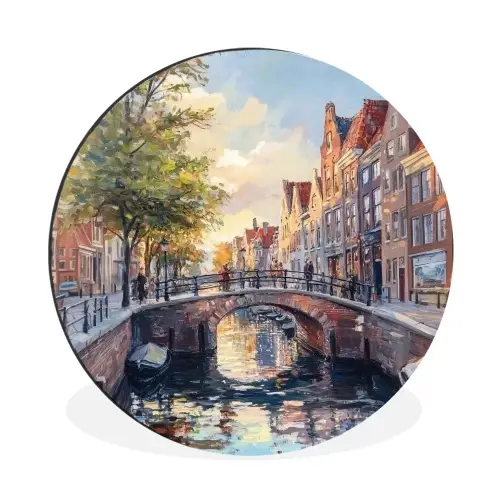 Brug - Stad - Huizen - Boot Wandcirkel aluminium klein -3d