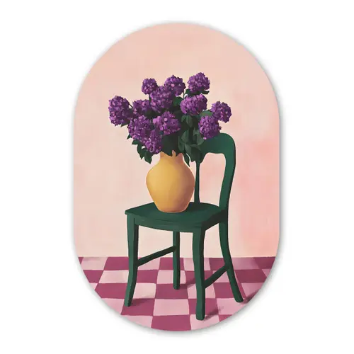 Stoel - Vaas - Bloemen - Geblokt Wandcirkel Ovaal Glas middel -3d