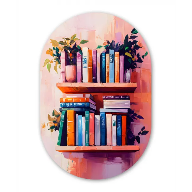 Planken - Boeken - Bladeren Wandcirkel Ovaal Glas middel -3d