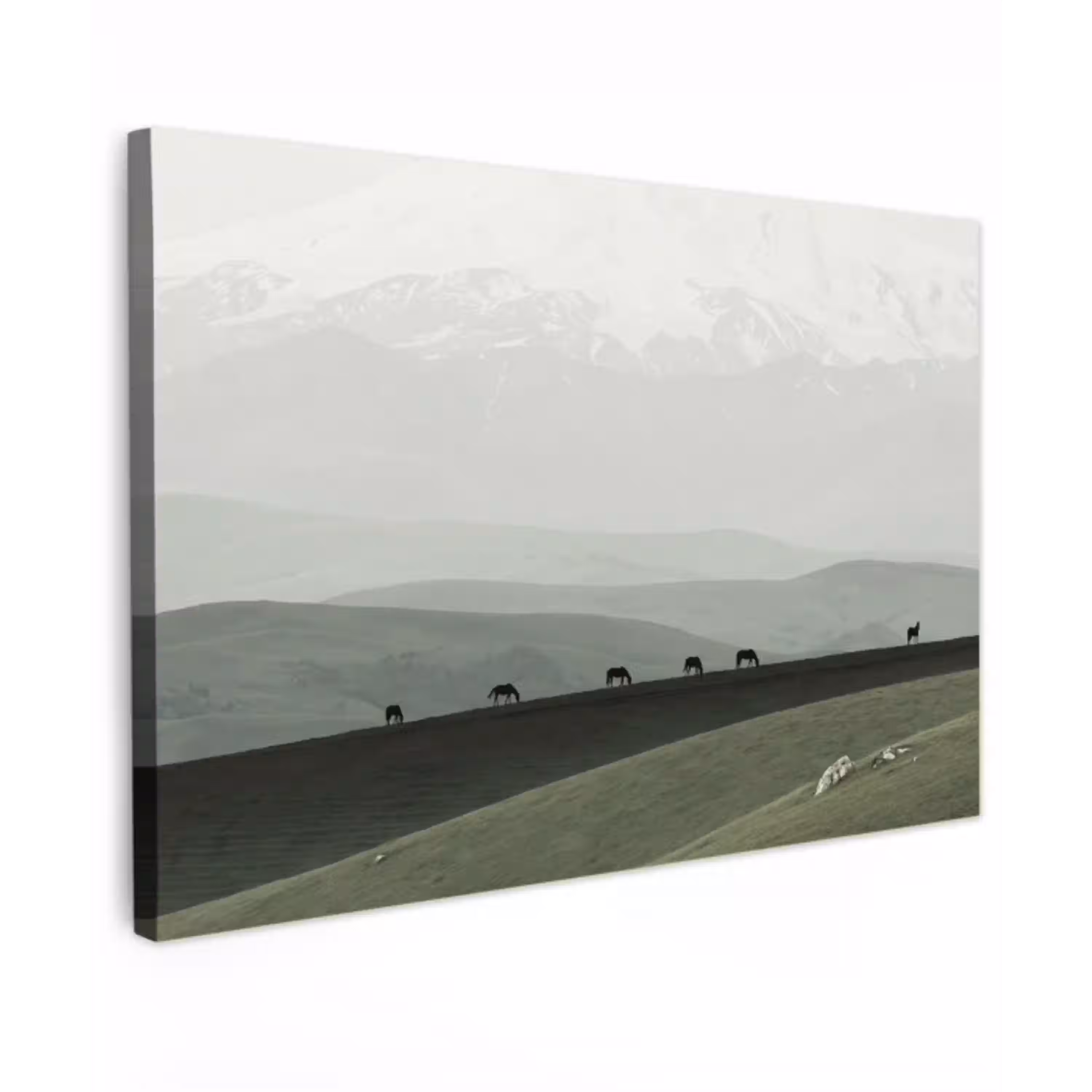 Grijs - Berg - Paarden Tuinposter op houten frame 2 cm dik klein -3d