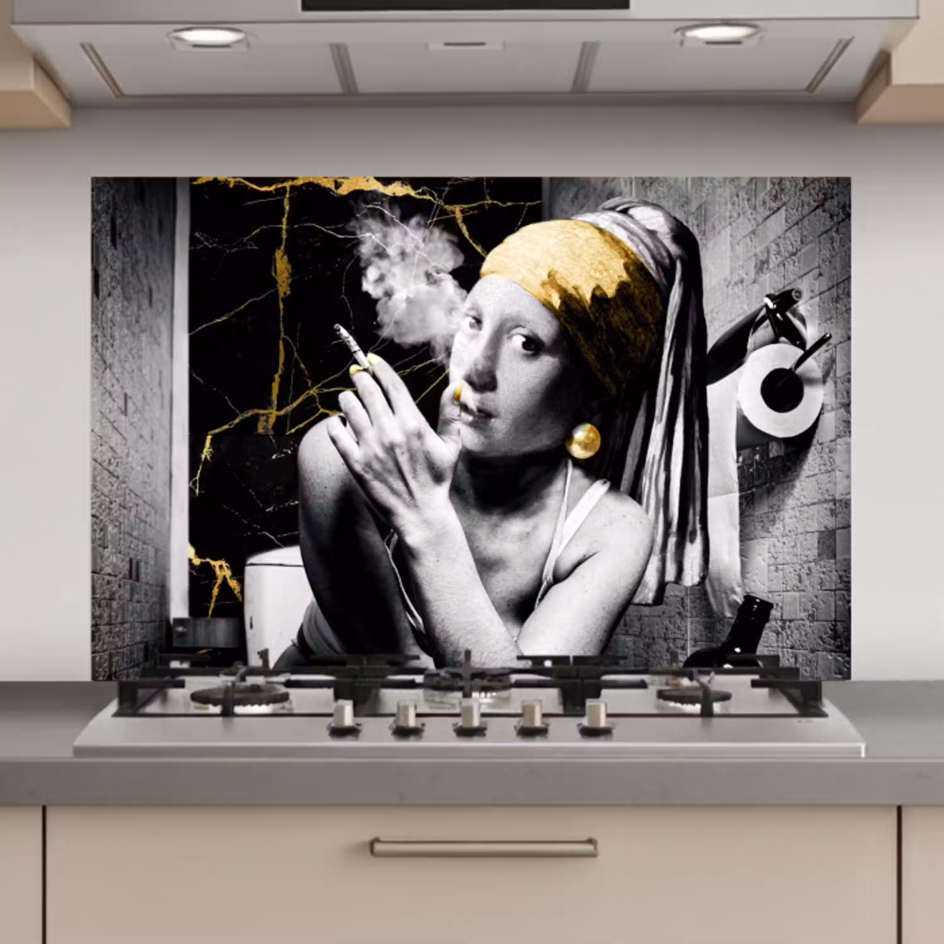 Marmerlook - Meisje met de parel - Sigaretten - Toilet - Goud - Kunst - Oude meesters keuken achterwand spatscherm klein -3d_website