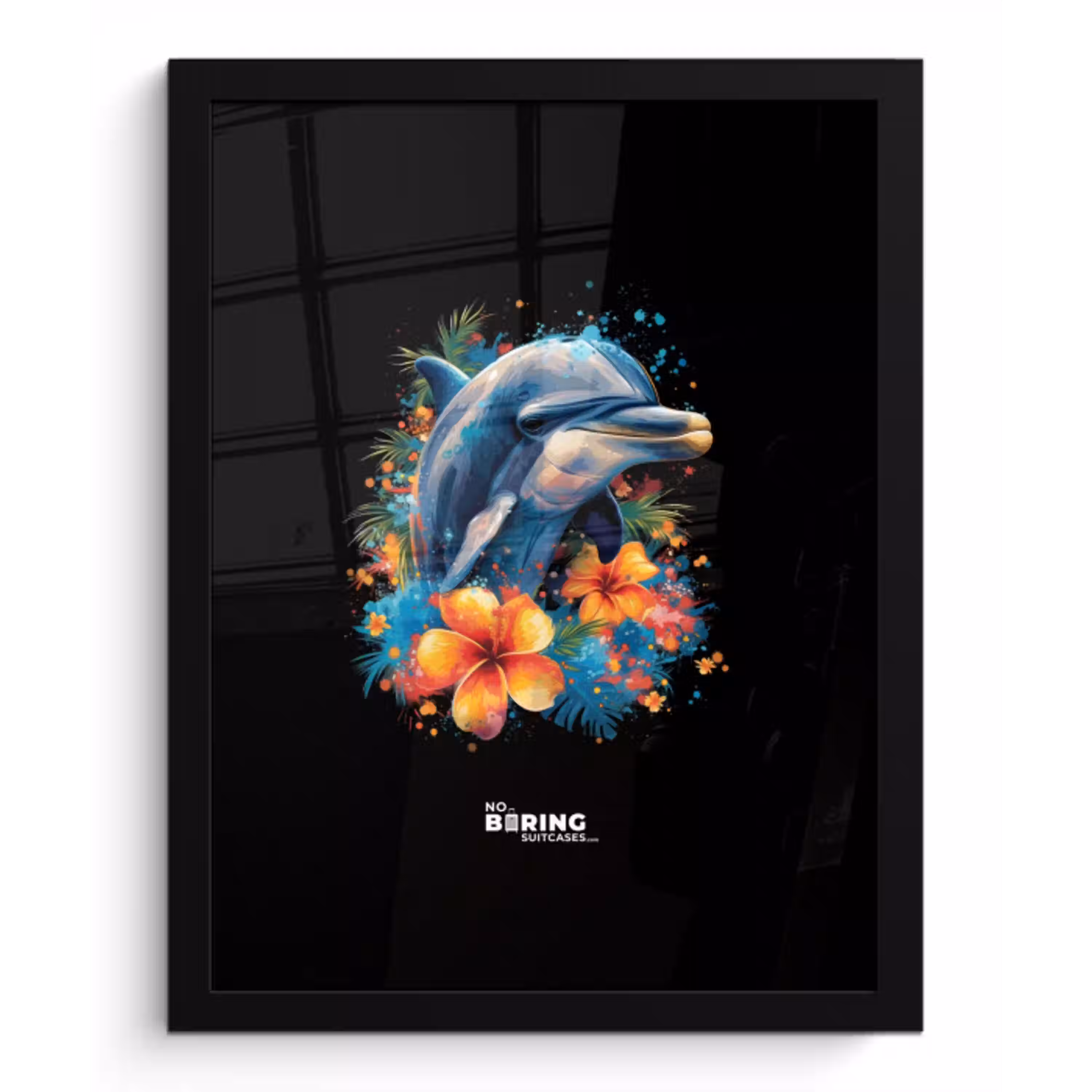 Dolfijn te midden van graffiti bloemen fotolijst zwart zonder passe partout klein -3d