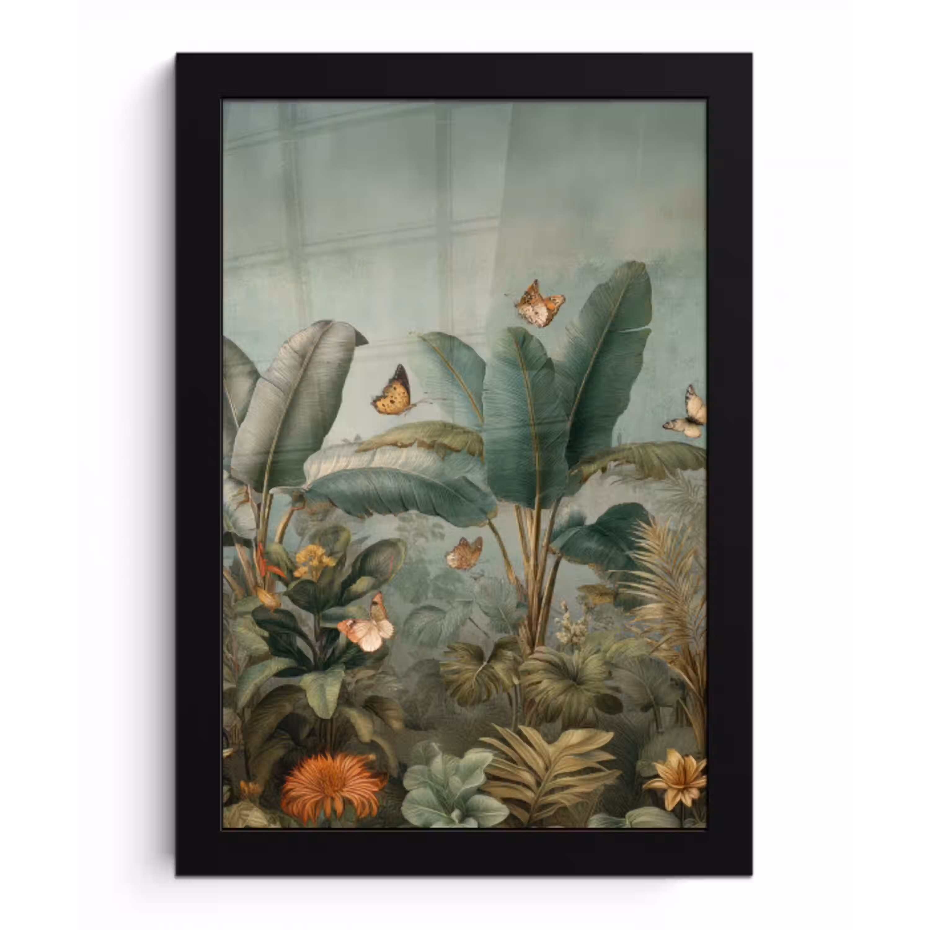 Tropisch bladerdek - Vlinders - groen - Bruin fotolijst zwart zonder passe partout klein -3d