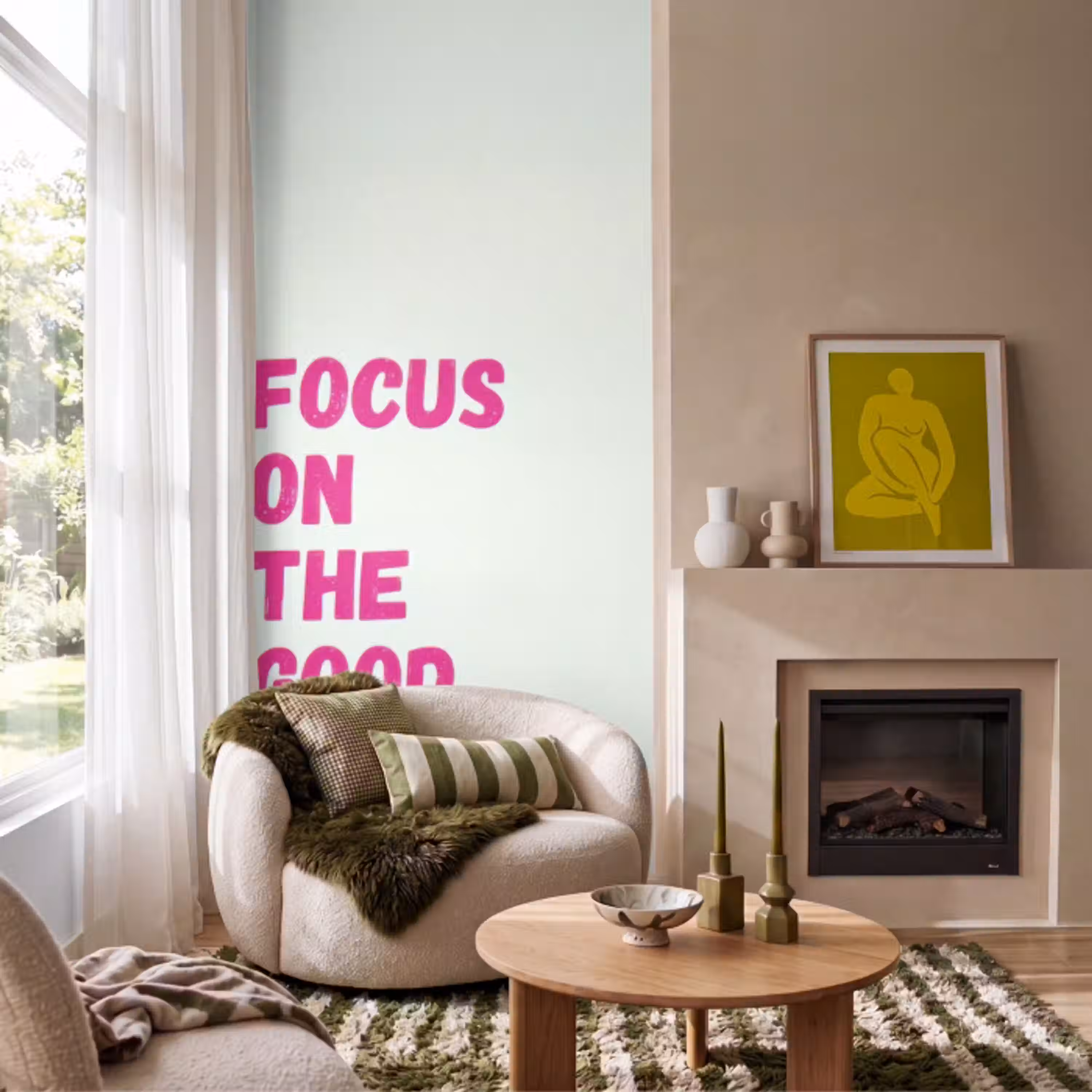 Focus on the good - Beige - Roze Behang Vlies klein -sfeer2