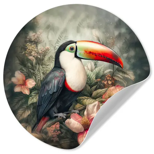 Toekan - Vogels - Bloemen - Planten - Tropisch Wandcirkel behangsticker klein -3d
