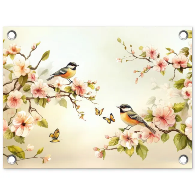 Takken - Bloemen - Vogeltjes - Roze tuinposter los doek klein -3d