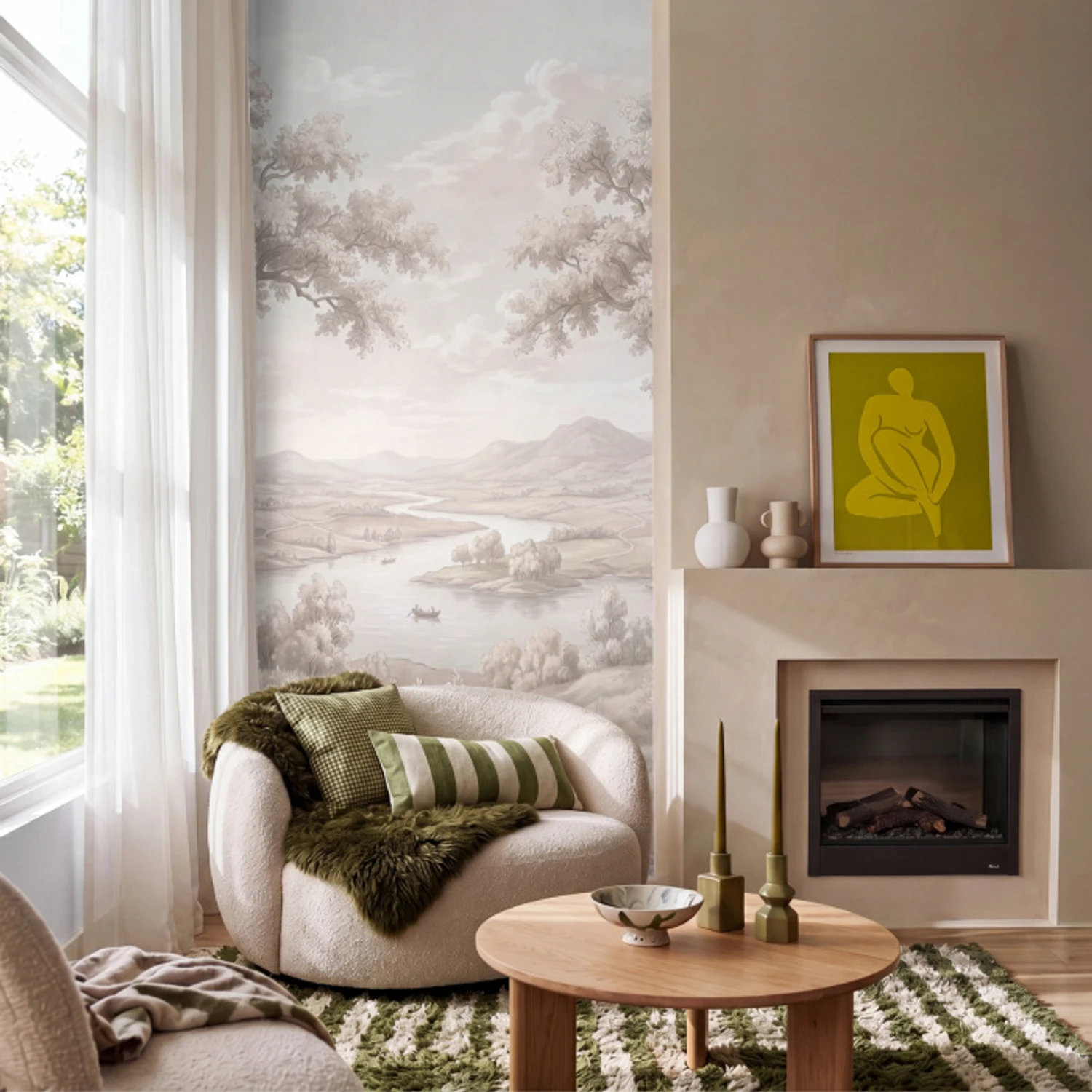 Rivierlandschap - Bergen - Natuur - Vintage - Beige Behang Vlies klein -sfeer2