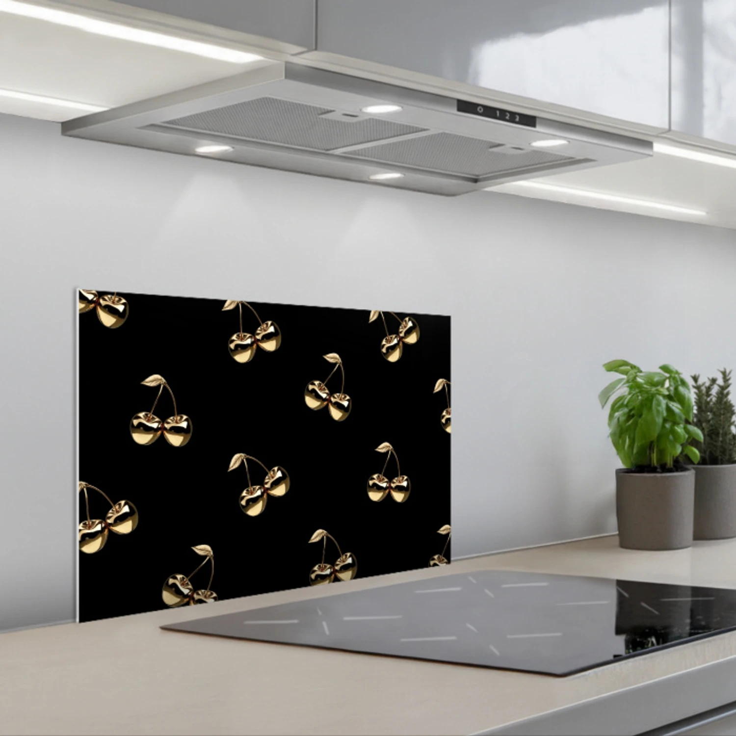 Patroon - Kersen - Goud - Chrome keuken achterwand spatscherm klein -3d_schuin