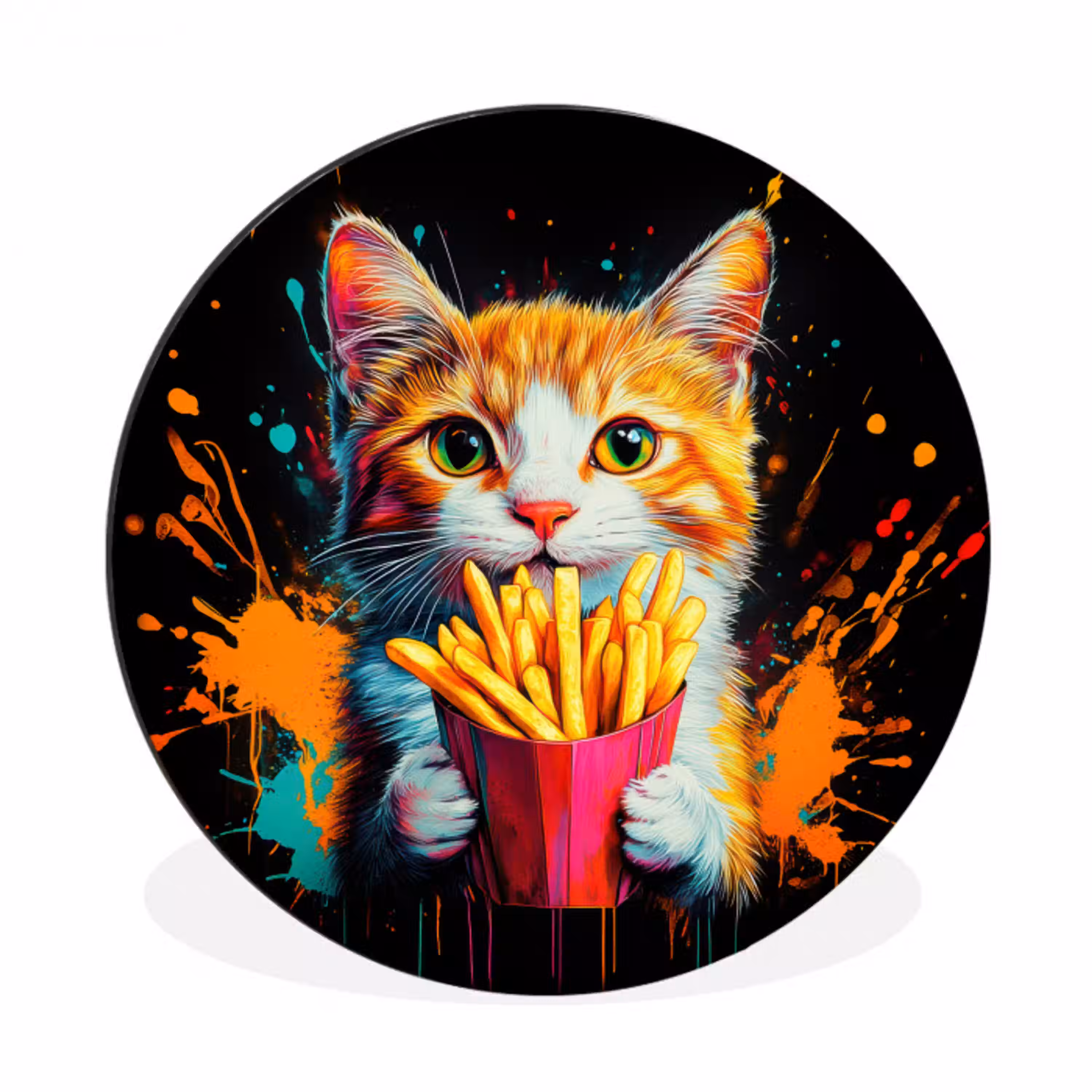 Kat - Eten - Patat - Graffiti - Abstract Wandcirkel aluminium klein -3d