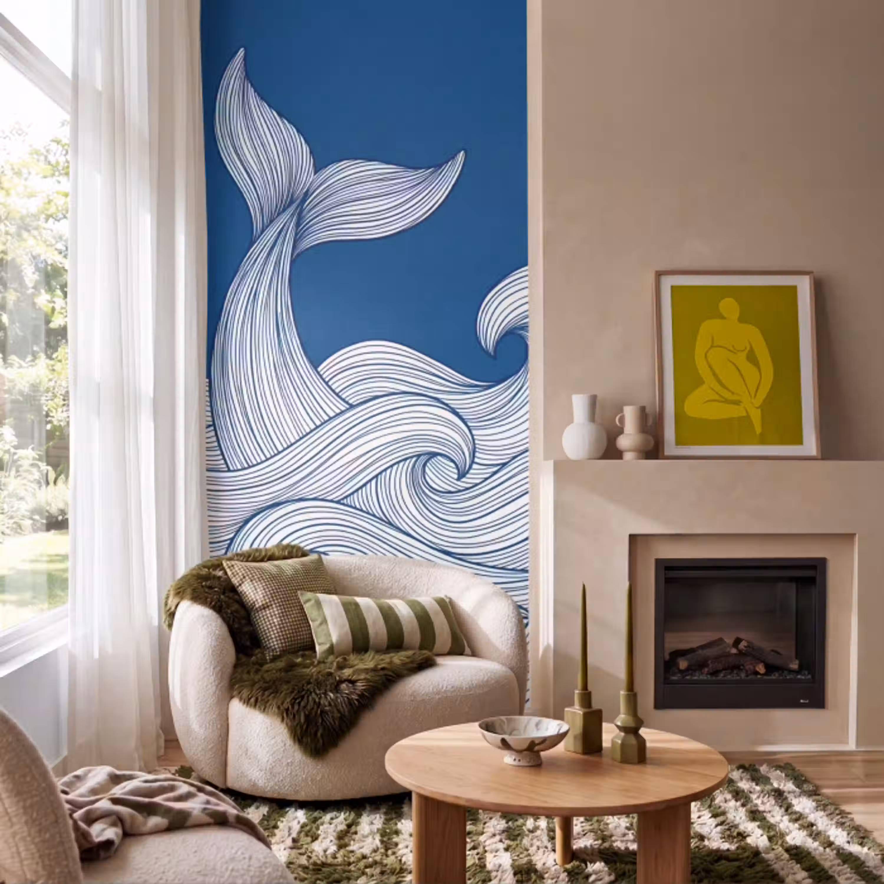 Walvis - Staart - Golven - Lijntekening - Blauw Behang Vlies klein -sfeer2