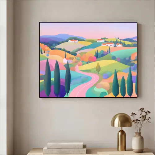 Landschap - Paars - Pastel - Huizen Textielframe zwart klein -sfeer2