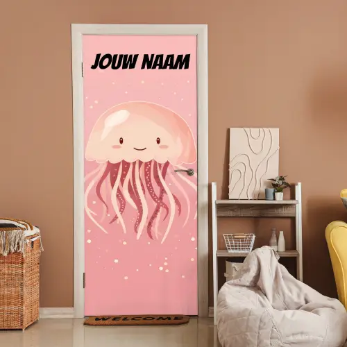 Schattige kwal in roze tinten met de tekst “Deze kamer is van: jouw naam”. deurposter klein -sfeer1