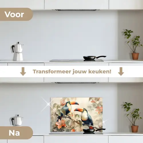 Toekan - Vogels - Bloemen - Tak keuken achterwand spatscherm klein -voor_na_NL