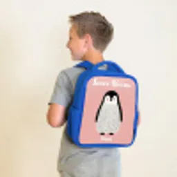 Pinguïn - Stippen - Roze - Minimalistisch Kinderrugzak - Blauw middel -sfeer2