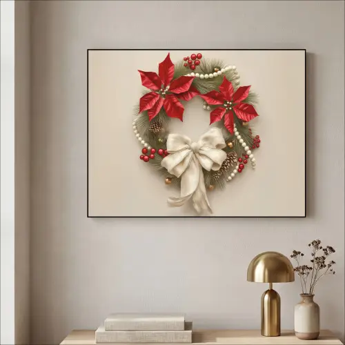 Deurkrans - Strik - Kerst - Rood - Groen Textielframe - compleet frame klein -sfeer2