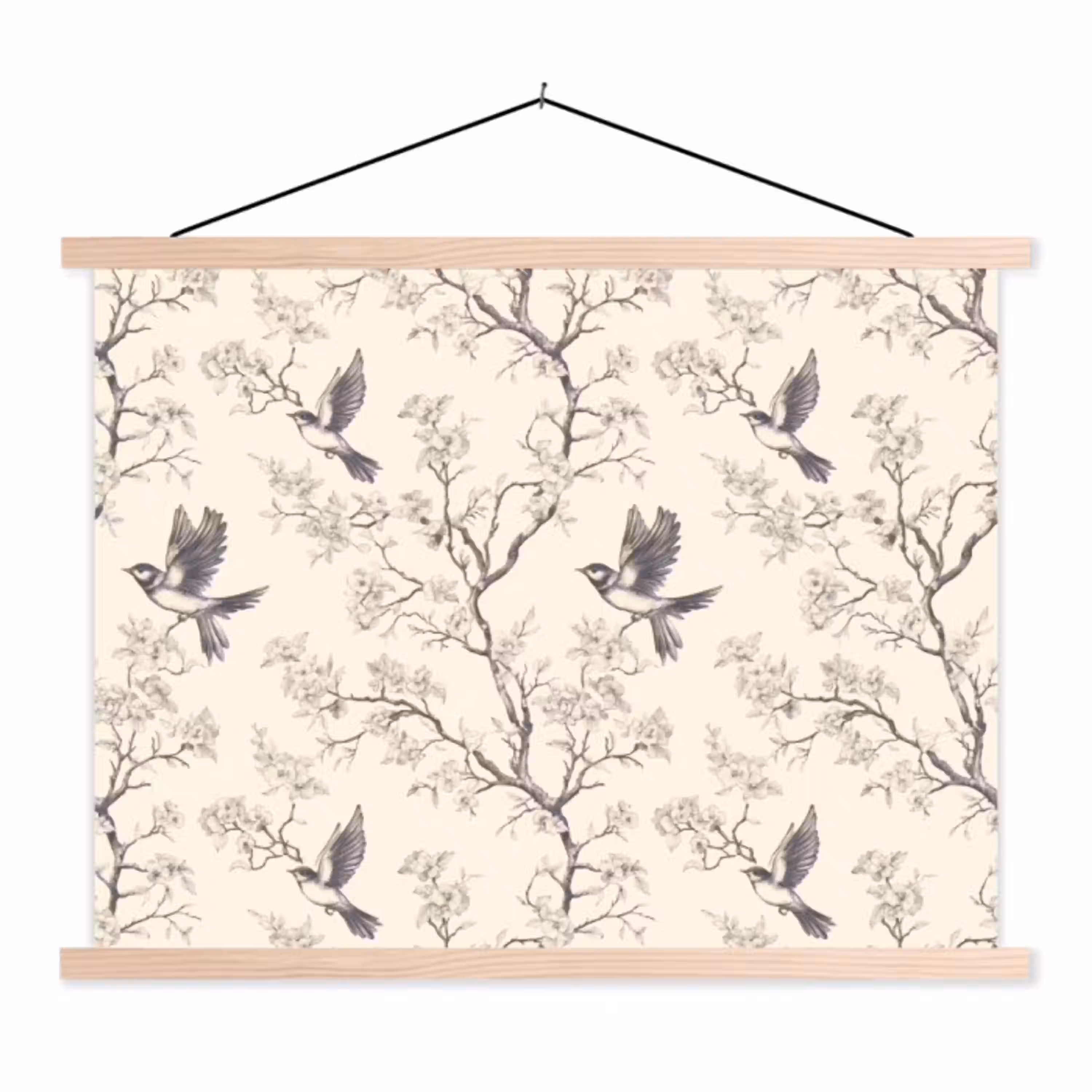 Takken - Vogels - Beige textielposter latten blank klein 122 -3d