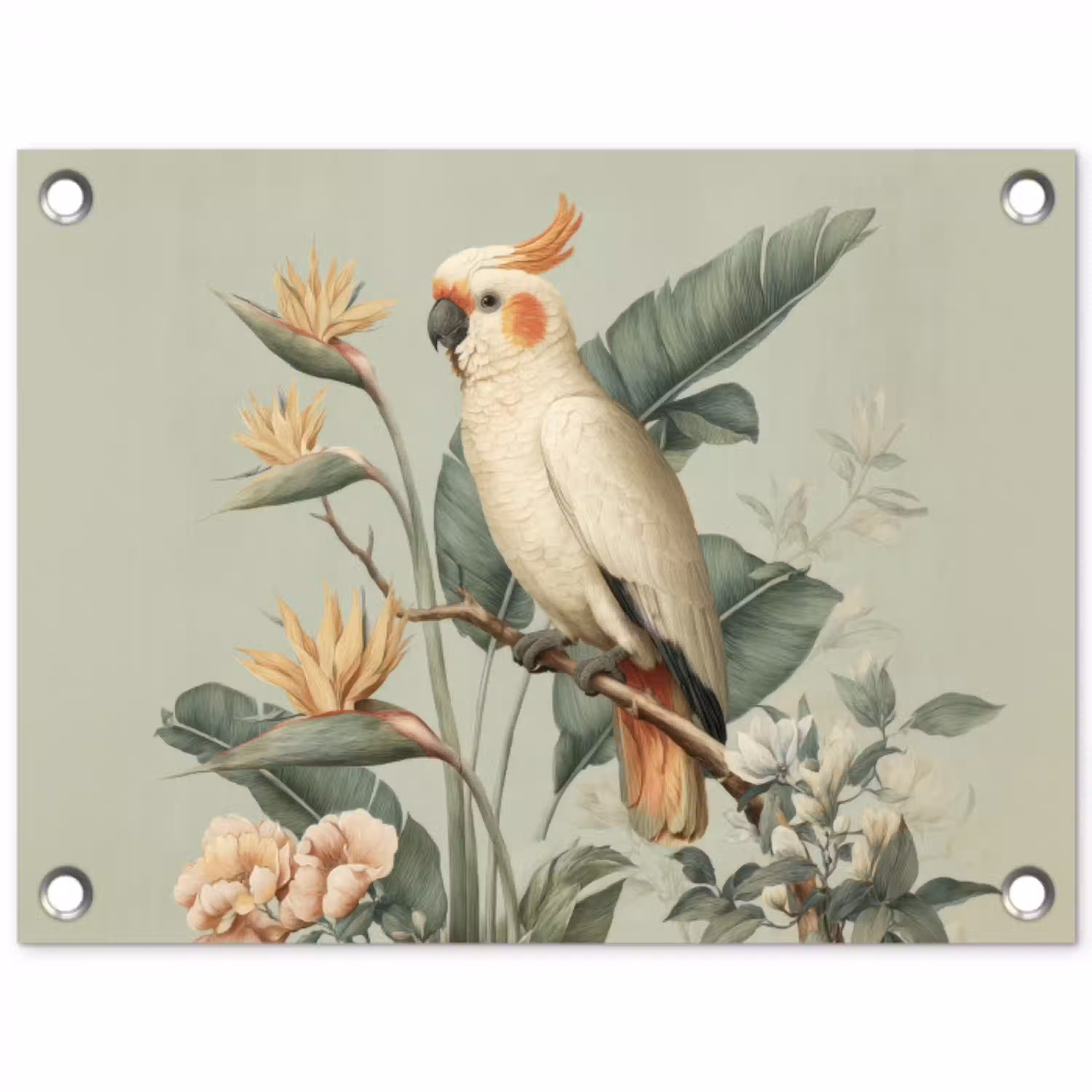 Gele kuifkaketoe - paradijsvogelbloemen - Groen tuinposter los doek klein -3d