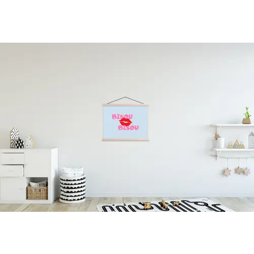 Lippen - Bisou - Blauw textielposter latten blank klein -kinderkamer