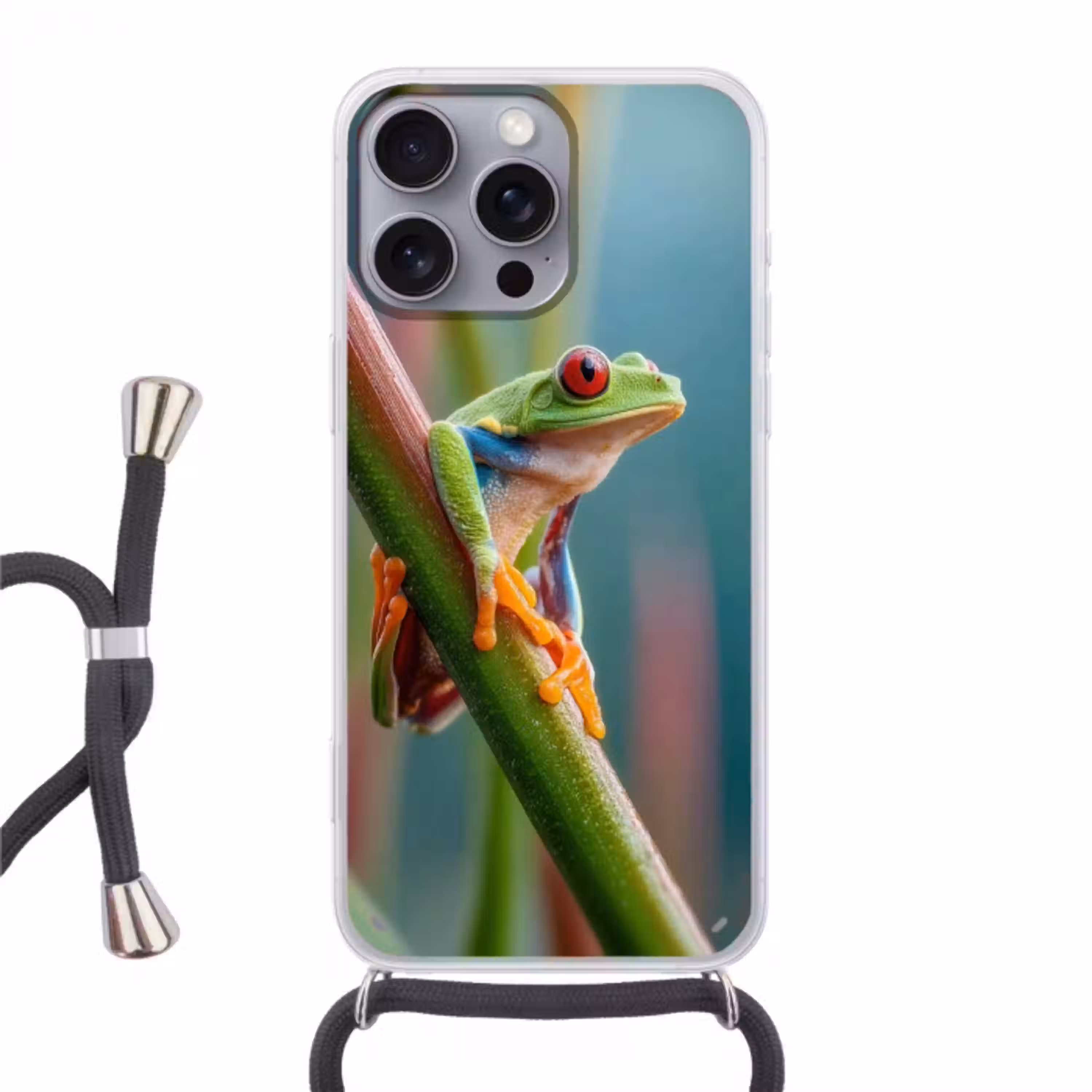 Kleurrijke kikker - Groene stengel - Alert Hoesje iPhone 16 Pro Max met koord klein -3d