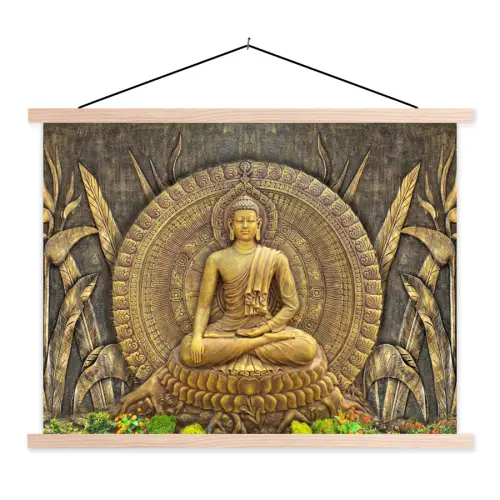 Goud - Boeddha beeld - Spiritueel - Meditatie textielposter latten blank klein -3d