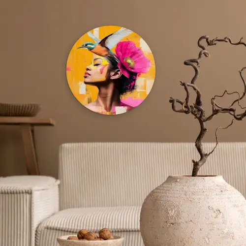Vogel - Vrouw - Abstract - Bloem Wandcirkel kunststof plaat 5mm dik klein -sfeer1
