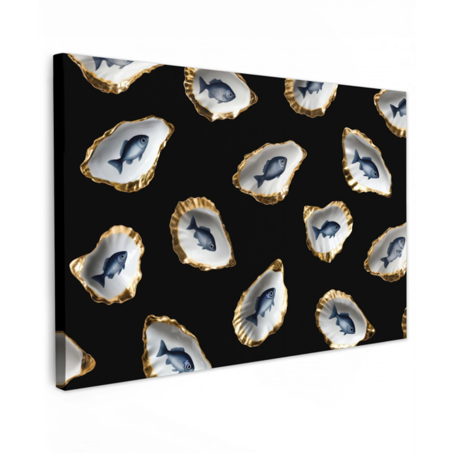 Oesters - Vissen - Blauw - Goud Tuinposter op houten frame 2 cm dik klein -3d
