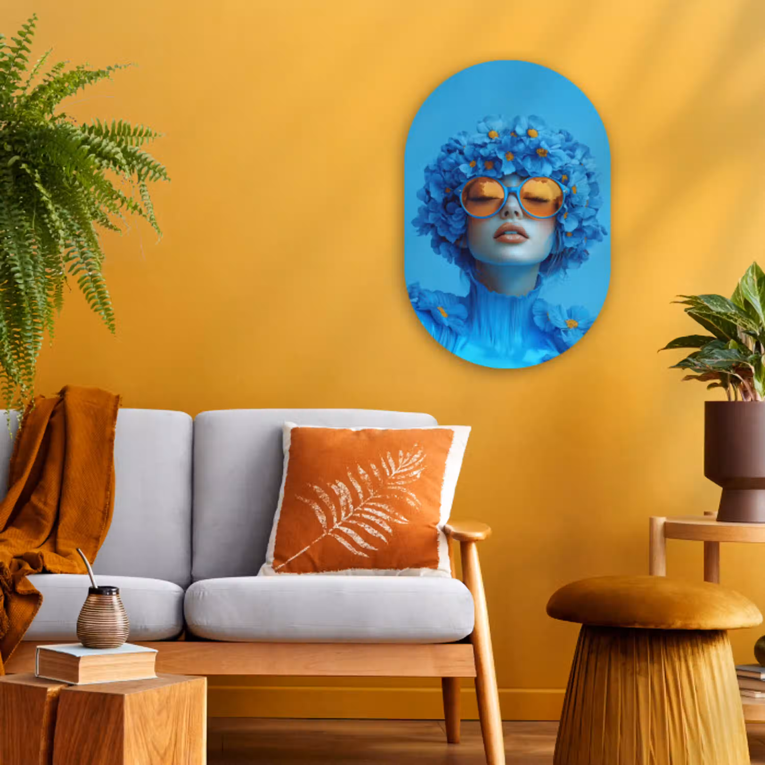Vrouw - Bloem - Blauw - Modern - Bril - Portret Wandcirkel Ovaal Forex klein -sfeer4