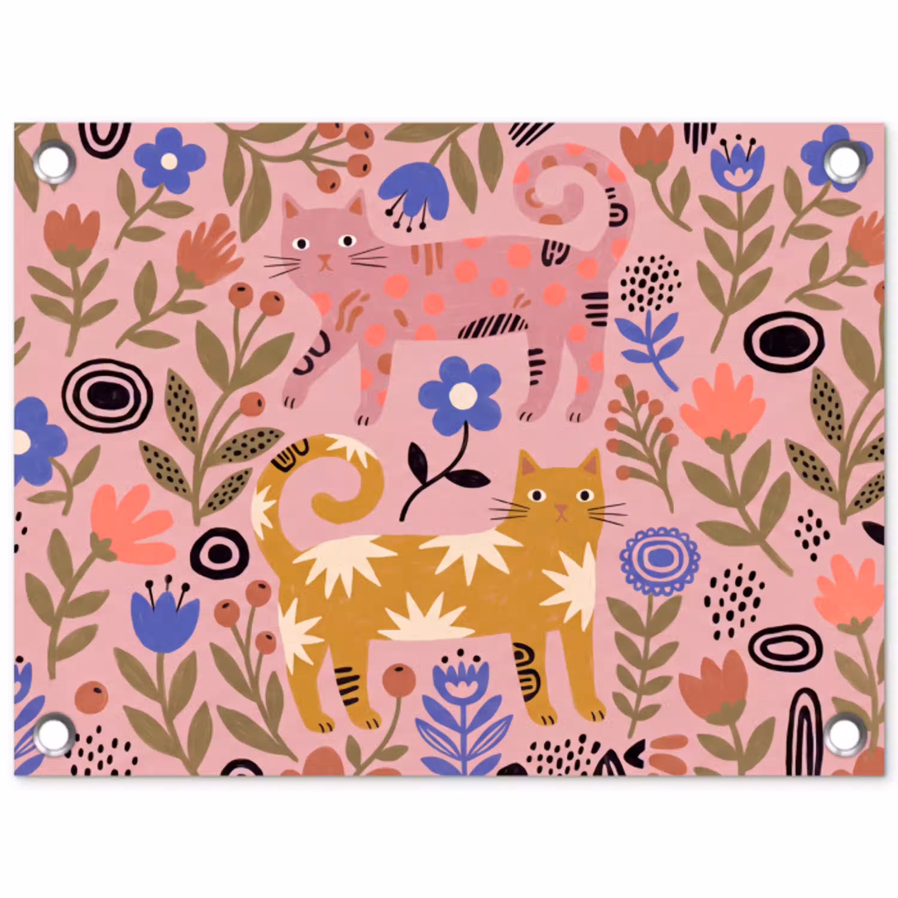 Kat - Bloemen - Dieren - Modern - Roze tuinposter los doek klein -3d