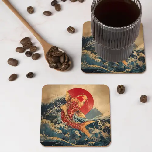 Koi - Zee - Golven - Zon onderzetter kurk middel -sfeer2