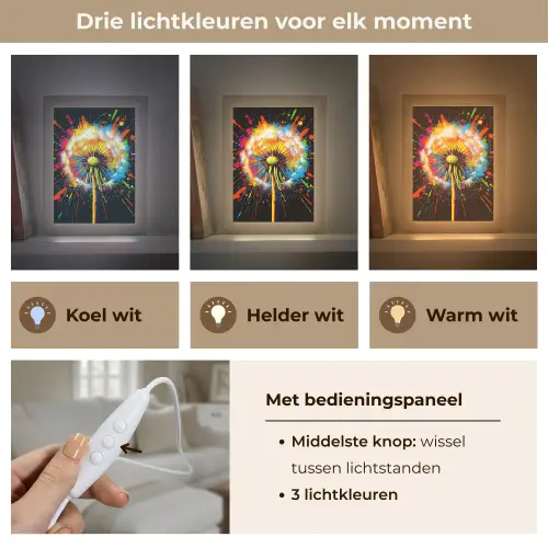 Paardenbloem - Graffiti - Kleurrijk - Bloemen - Natuur Light Box met kabel (Tafellamp) klein -USP_lichtkleurNL