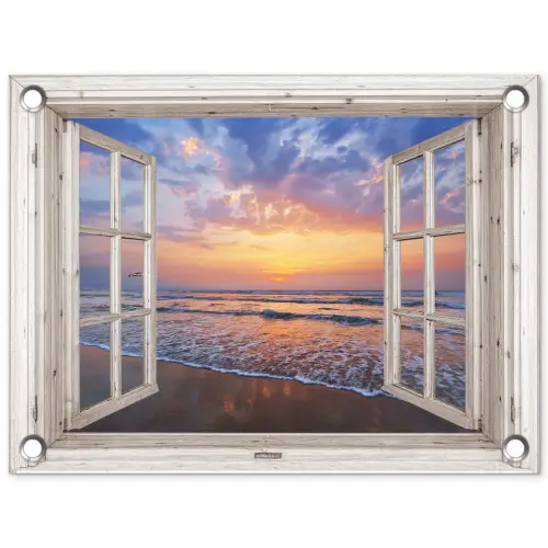 Doorkijk - Zee - Strand - Zonsondergang - Blauw tuinposter los doek klein -3d