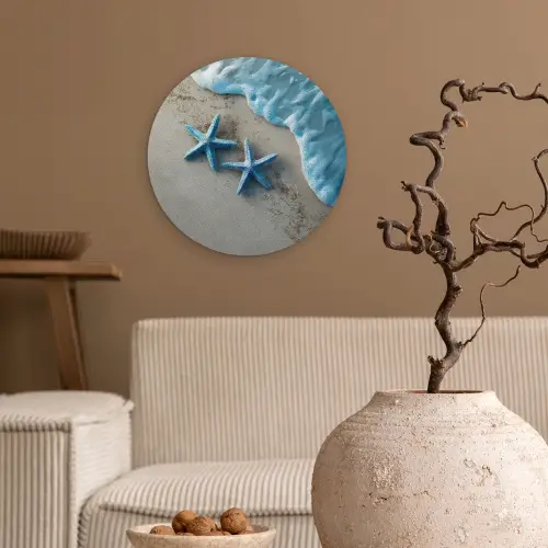 Zeesterren - Zand - Zee - Blauw Wandcirkel kunststof plaat 5mm dik klein -sfeer1