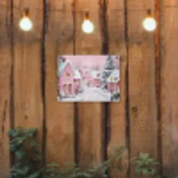 Kerstdorp - Roze - Winter - Sneeuw - Huizen tuinposter los doek klein -sfeer1