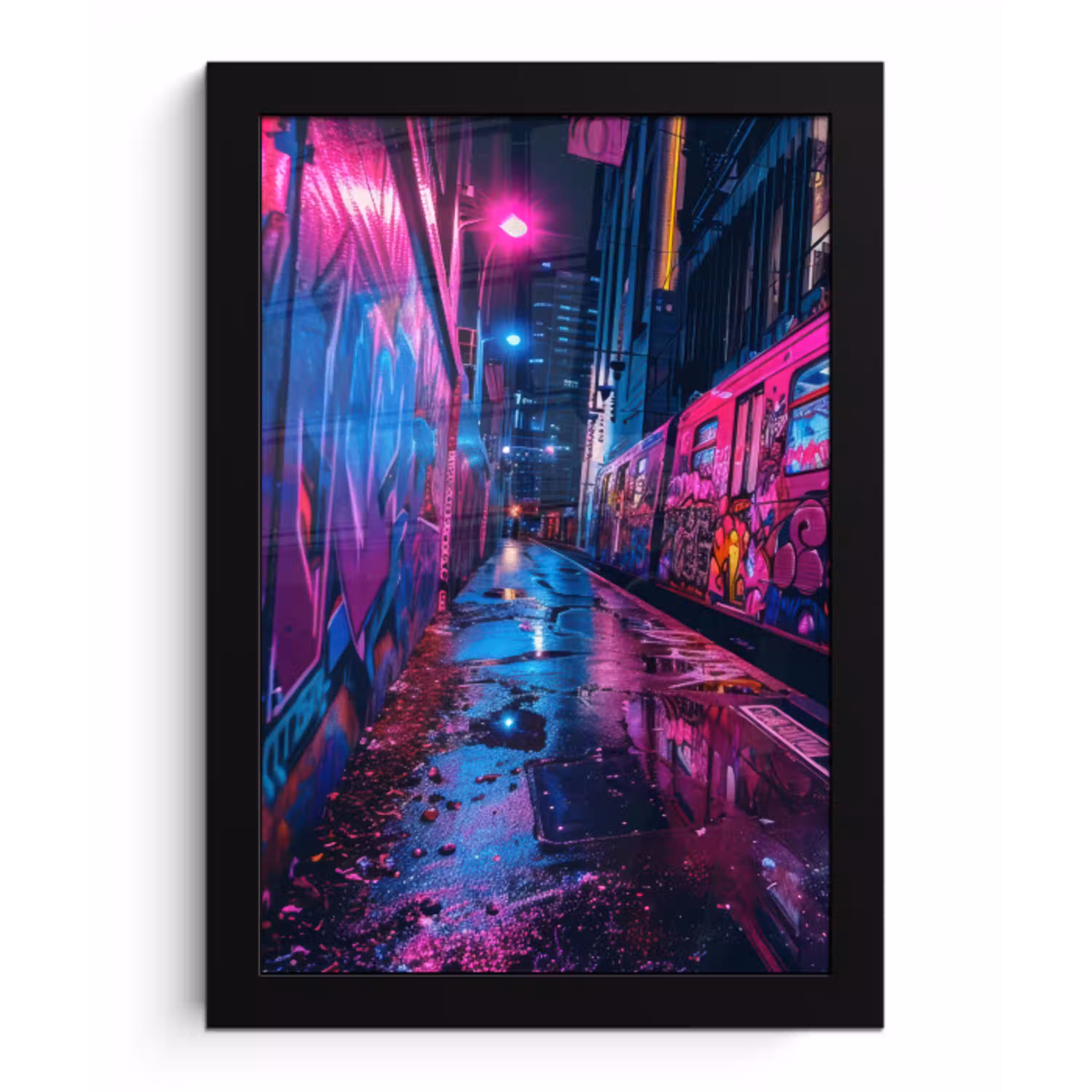 Stad - Neon -  Nacht - Roze - Graffiti fotolijst zwart zonder passe partout klein -3d