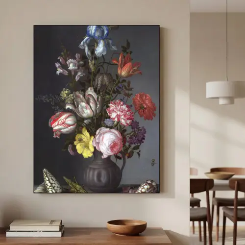 Bloemen in een vaas met schelpen en insecten - Balthasar van der Ast Textielframe - compleet frame klein -sfeer2