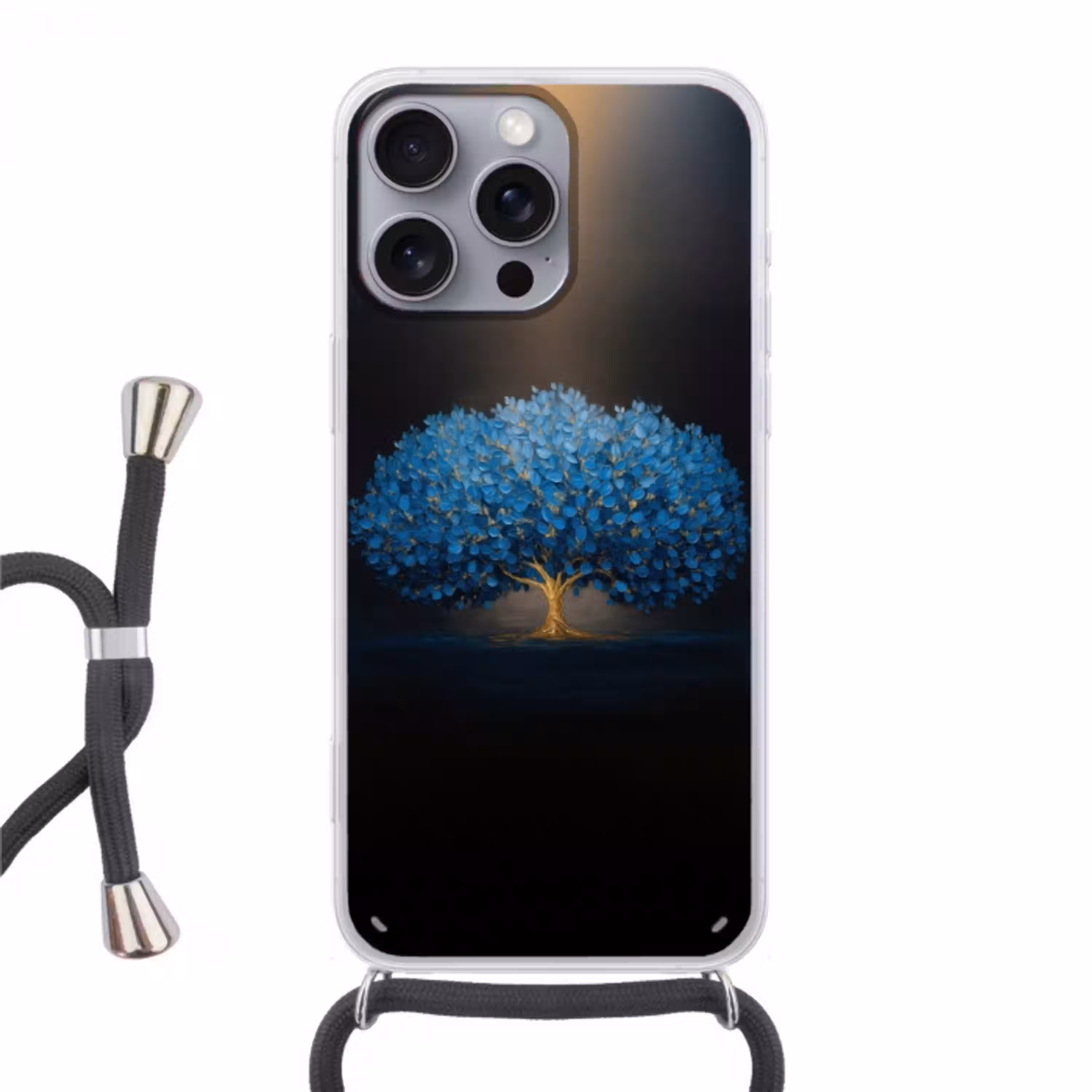 Boom - Blauw - Bladeren - Penseelstreken Hoesje iPhone 16 Pro Max met koord klein -3d