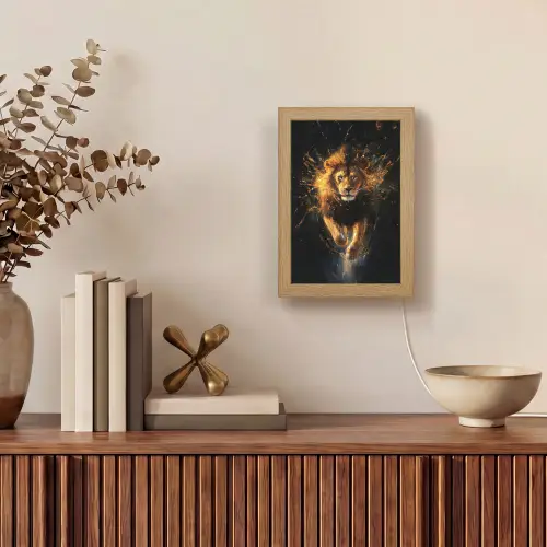 Leeuw - Zwart - Oranje - Verf Light Box met kabel (Tafellamp) klein -sfeer2