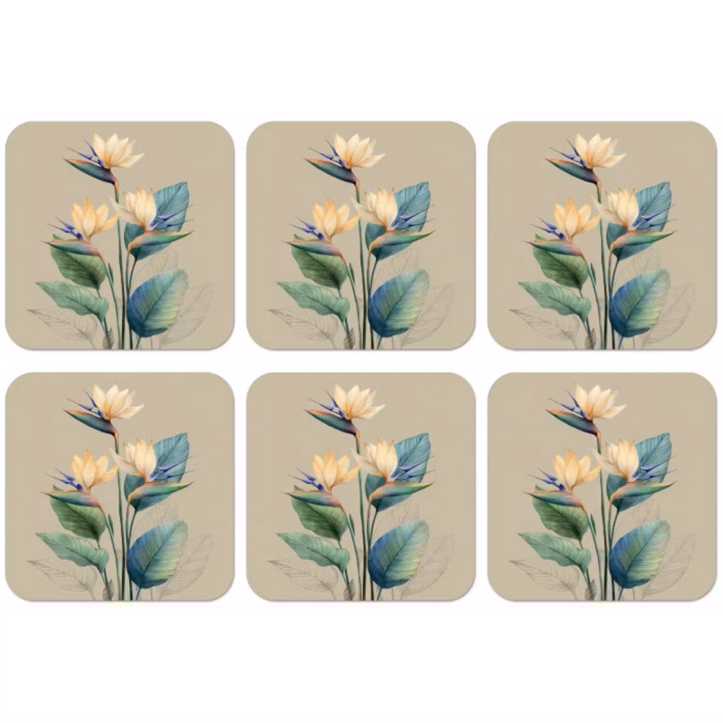 Paradijsvogelbloemen - Blauwgroene bladeren - Beige onderzetter kurk middel -zkaufland3dotto