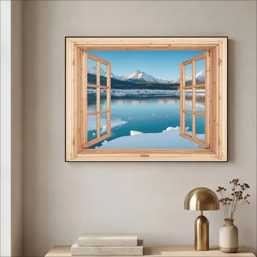 Doorkijk - Landschap - Winter - Meer - Bergen - Uitzicht Textielframe - compleet frame klein -sfeer2