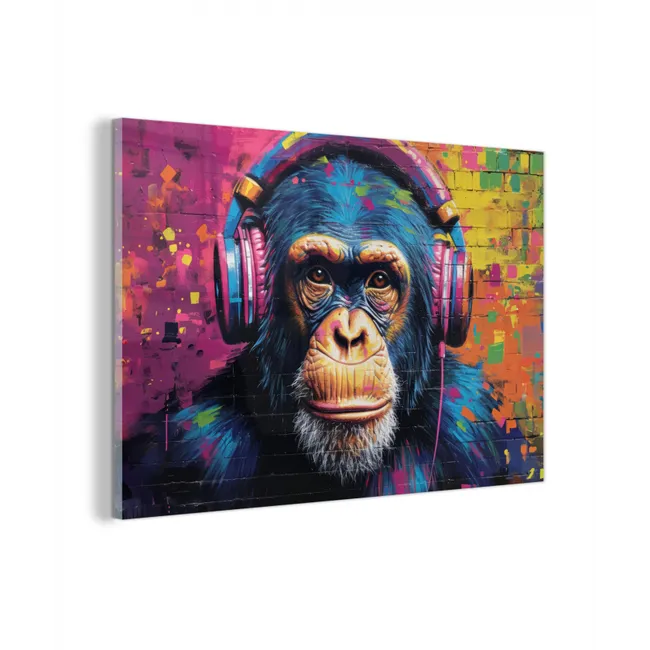 Glas schilderij - Graffiti - Chimpanzee - Street art - Koptelefoon - Aap