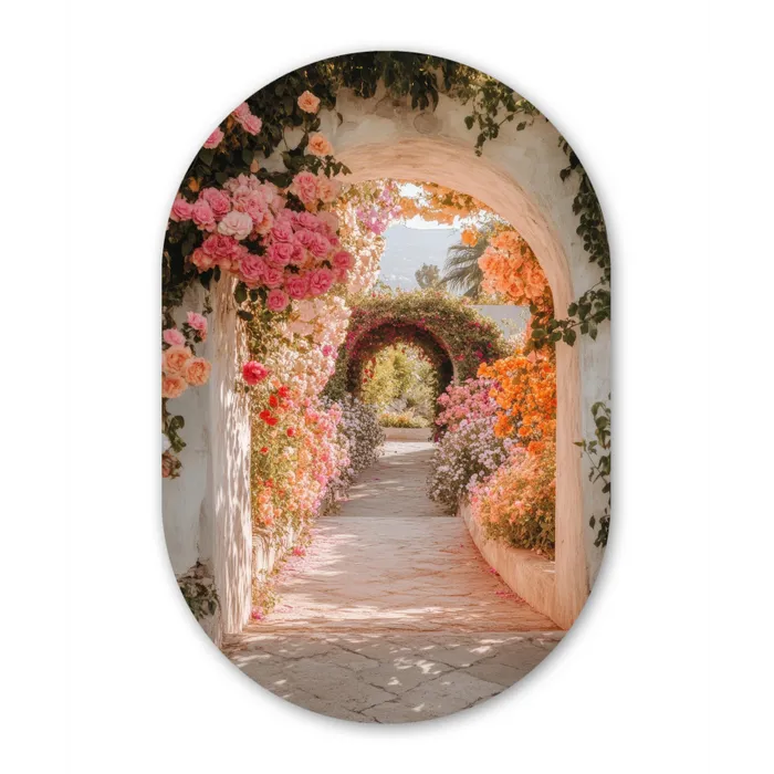 Doorkijk - Boog - Bloemen - Pastel Wandcirkel Ovaal Glas middel -3d