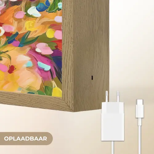 Schilderij - Olieverf - Bloemen - Regenboog Light Box met batterij (Wandlamp) middel -USP_websiteoplaadbaarNL