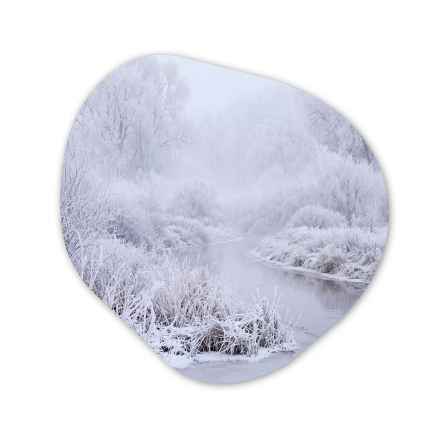 Rivier - Sneeuw - Bos - Winter - Schilderachtig Wandcirkel Organisch Aluminium middel -3d