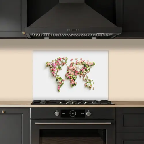Wereldkaart - Bloemen - Subtiel keuken achterwand spatscherm klein -sfeer1