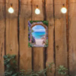 Doorkijk - Poort - Zee - Strand - Rotsen tuinposter los doek klein -sfeer1