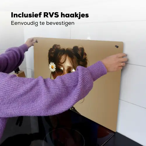 Vrouw - Beige - Bloem - Modern - Portret Inductie beschemer met haakjes klein -ky-ophangen-nl
