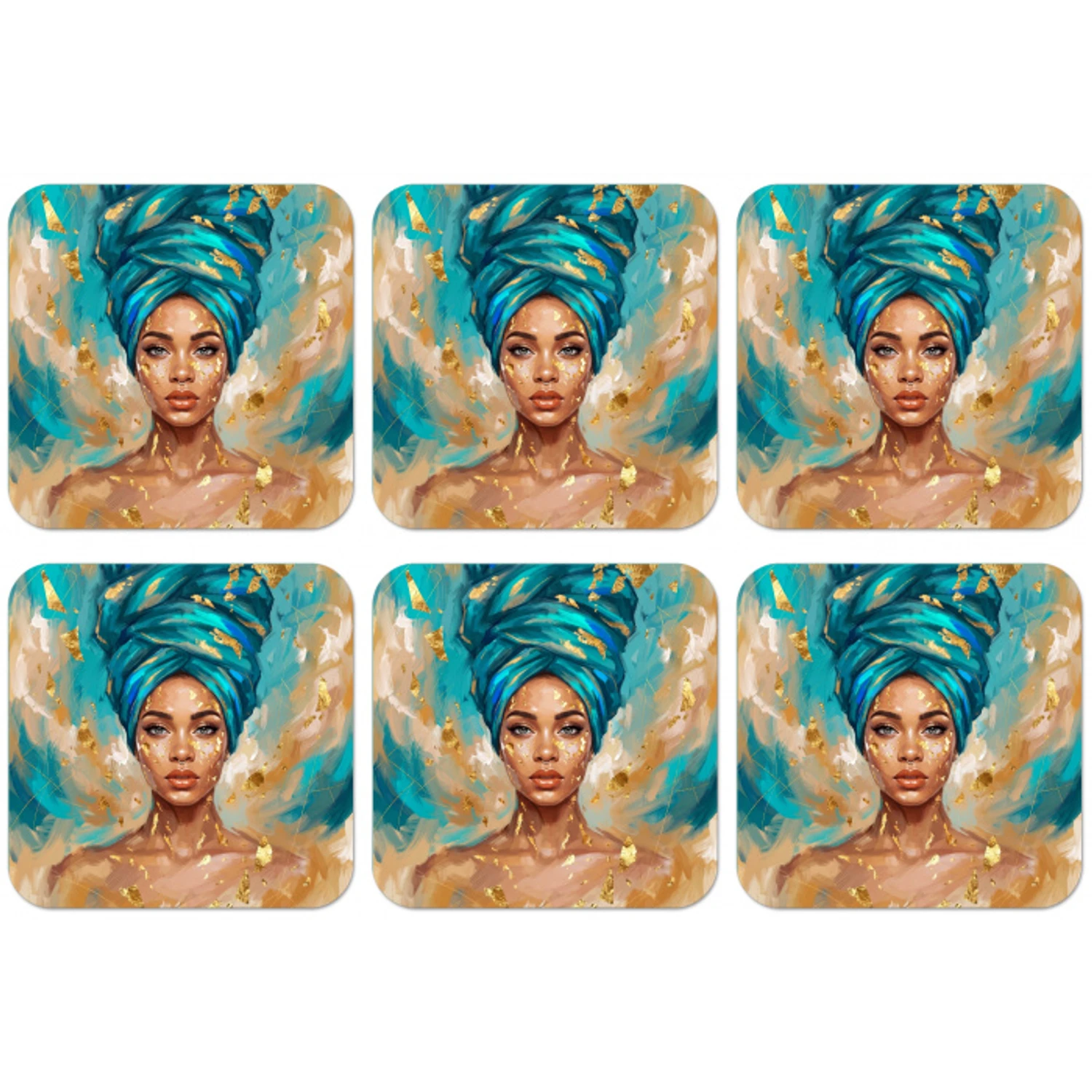 Portret - Vrouw - Schilderij - Blauw - Goud - Expressief onderzetter kurk middel -zkaufland3dotto