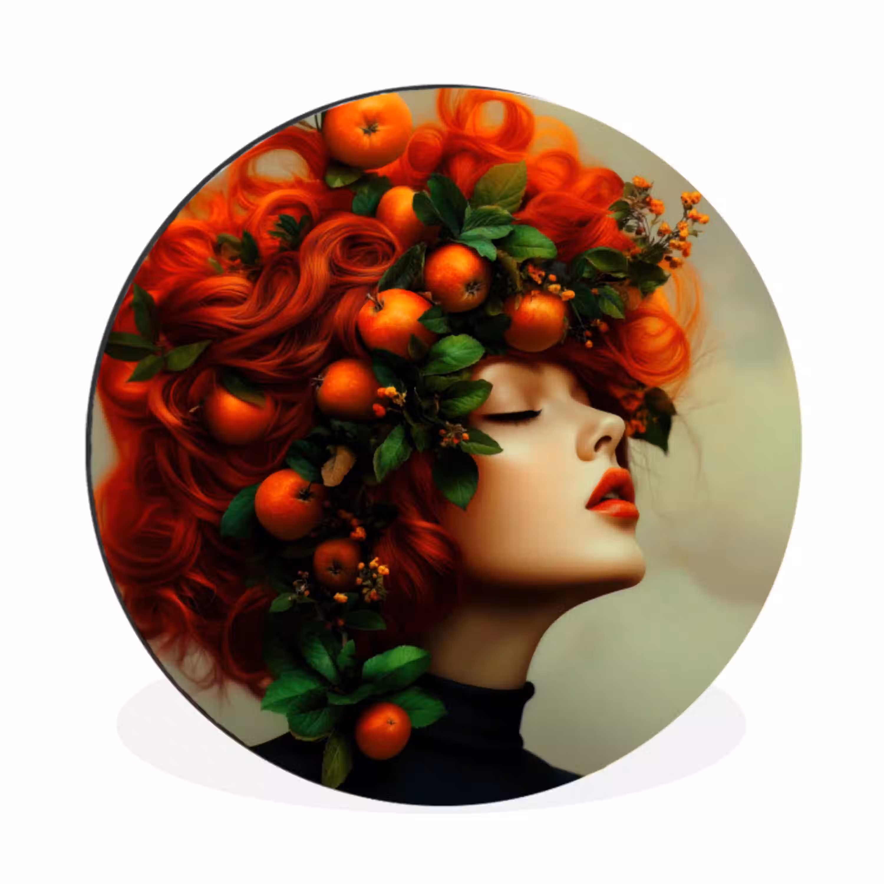 Vrouw - Appels - Rood - Bladeren Wandcirkel aluminium klein -3d