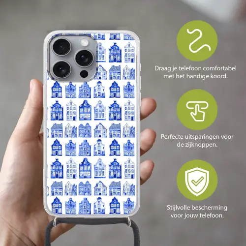 Patroon - Huizen - Blauw Hoesje iPhone 16 Pro Max met koord klein 804 -sfeer2_NL