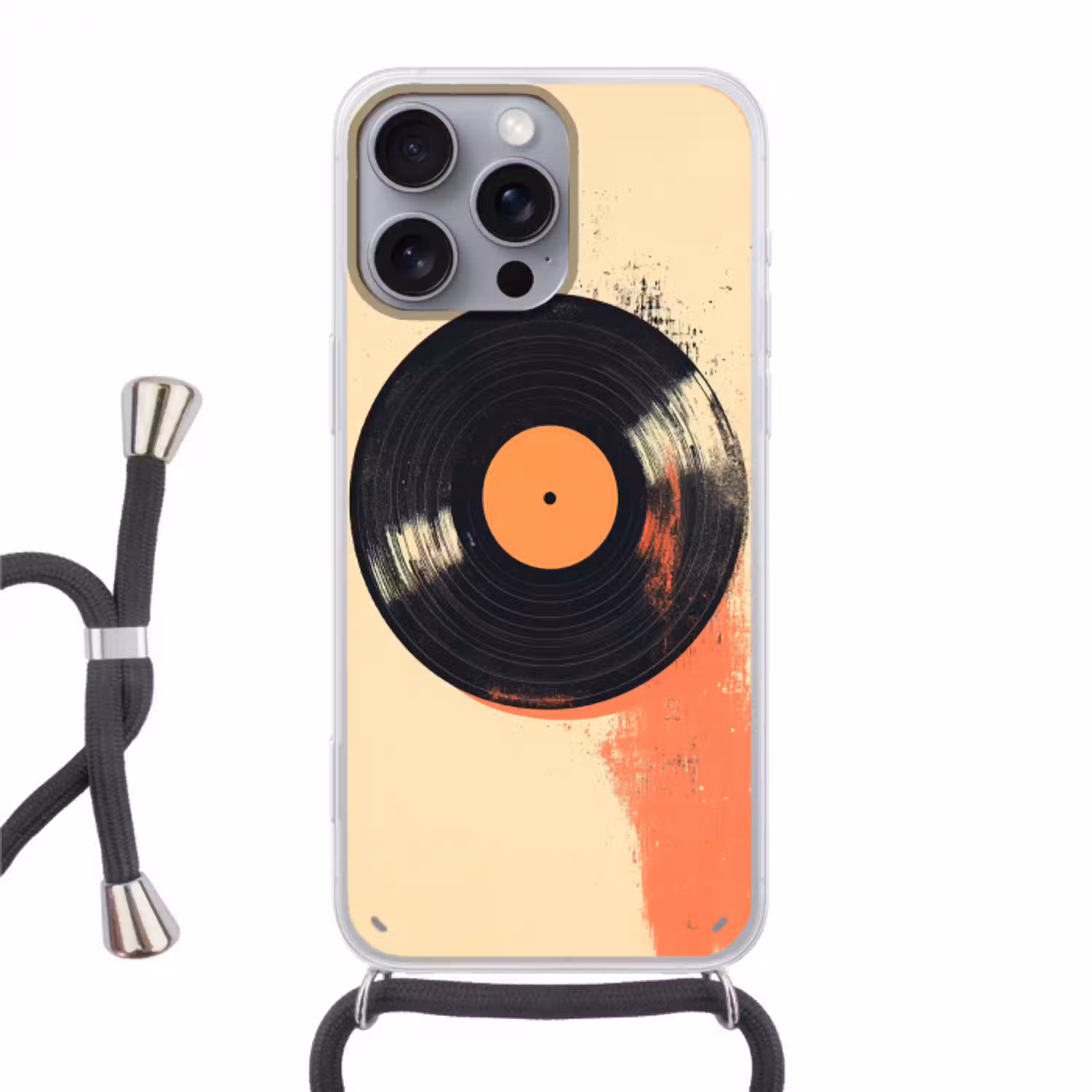 Vinylplaat - Zwart - Verfspatten - Retro Hoesje iPhone 16 Pro Max met koord klein -3d